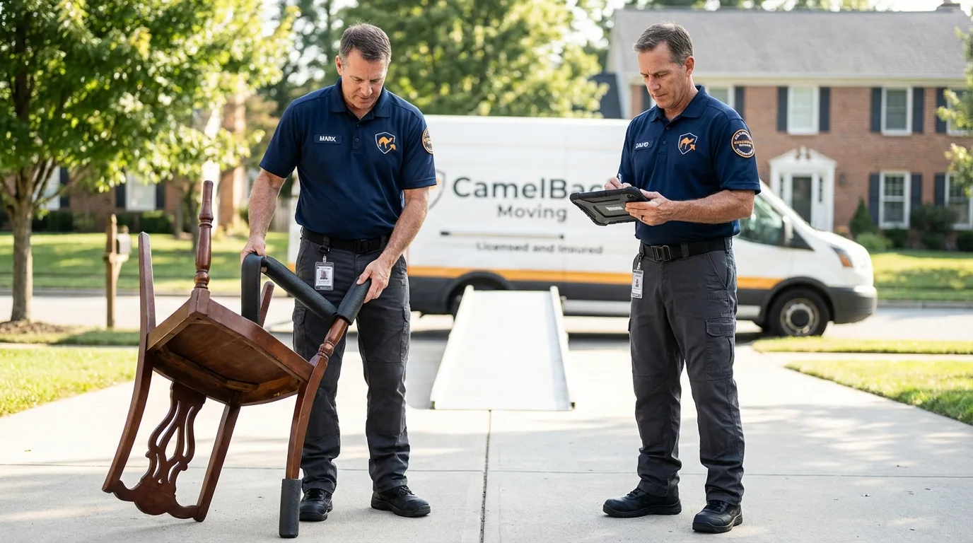 Movers inspecting furniture for damage prevention before loading in Litchfield, MN