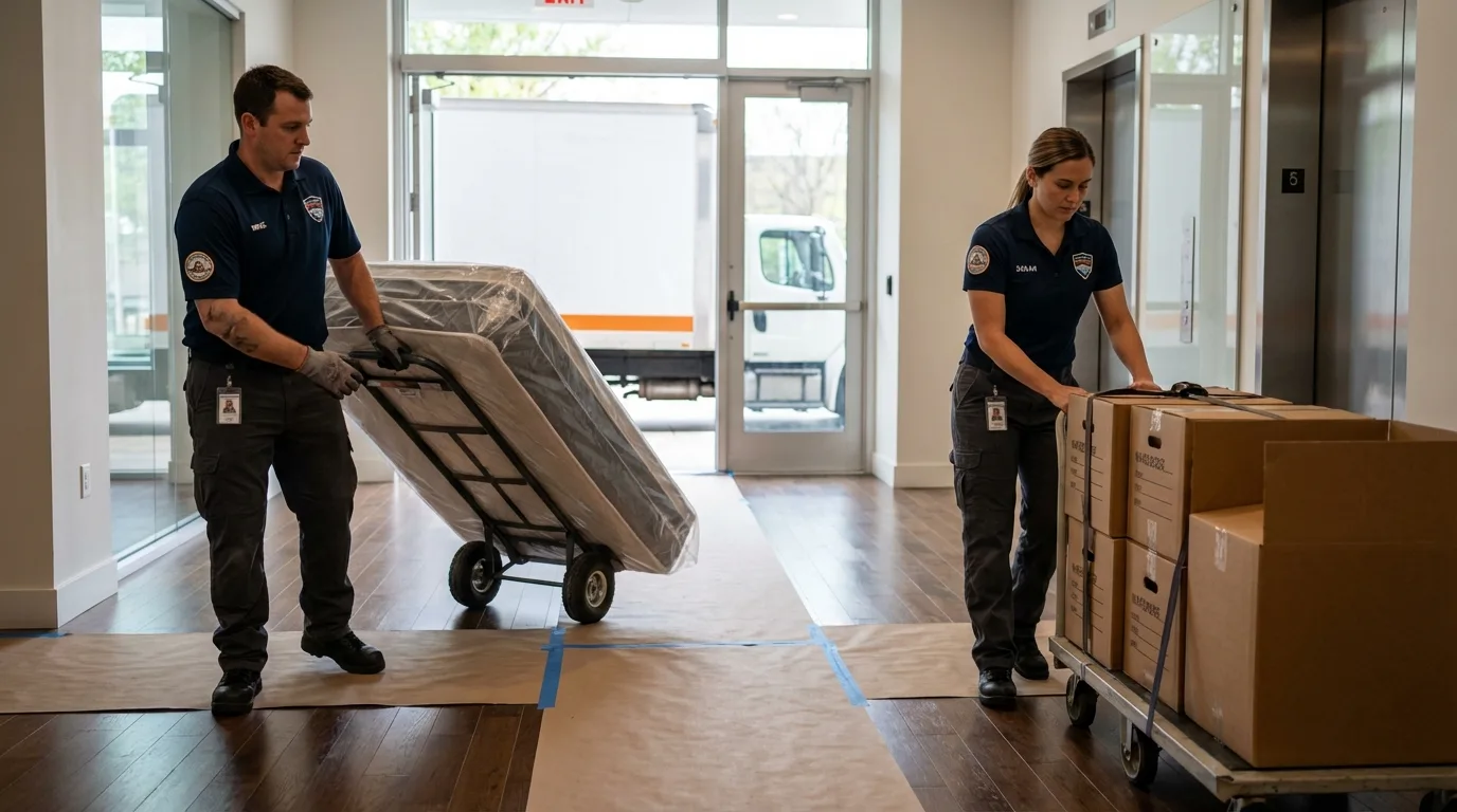 Professional apartment movers loading elevator in Litchfield, MN